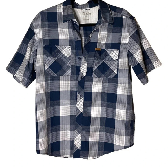 Orvis Men's Plaid Buffalo Check Blue Black White Short Sleeve Button Down Size M - Picture 1 of 5